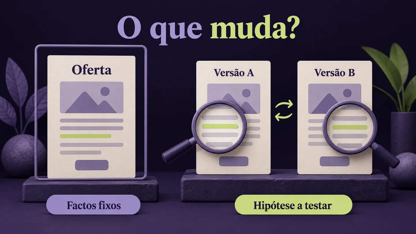 Oferta com factos fixos e duas versões com uma hipótese a testar. Ilustração gerada com IA.