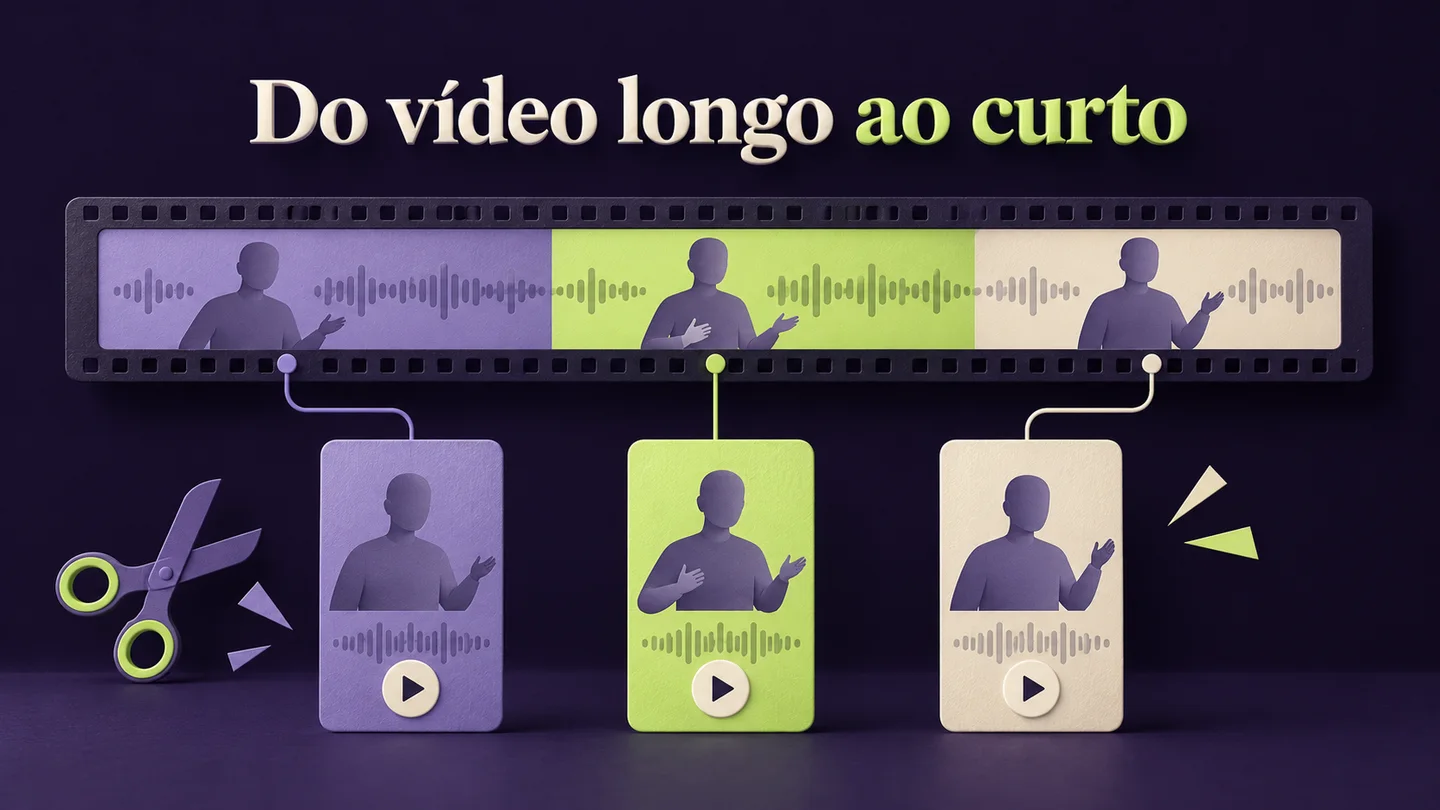 Um vídeo longo dividido em três excertos verticais ligados à fonte. Ilustração gerada com IA.