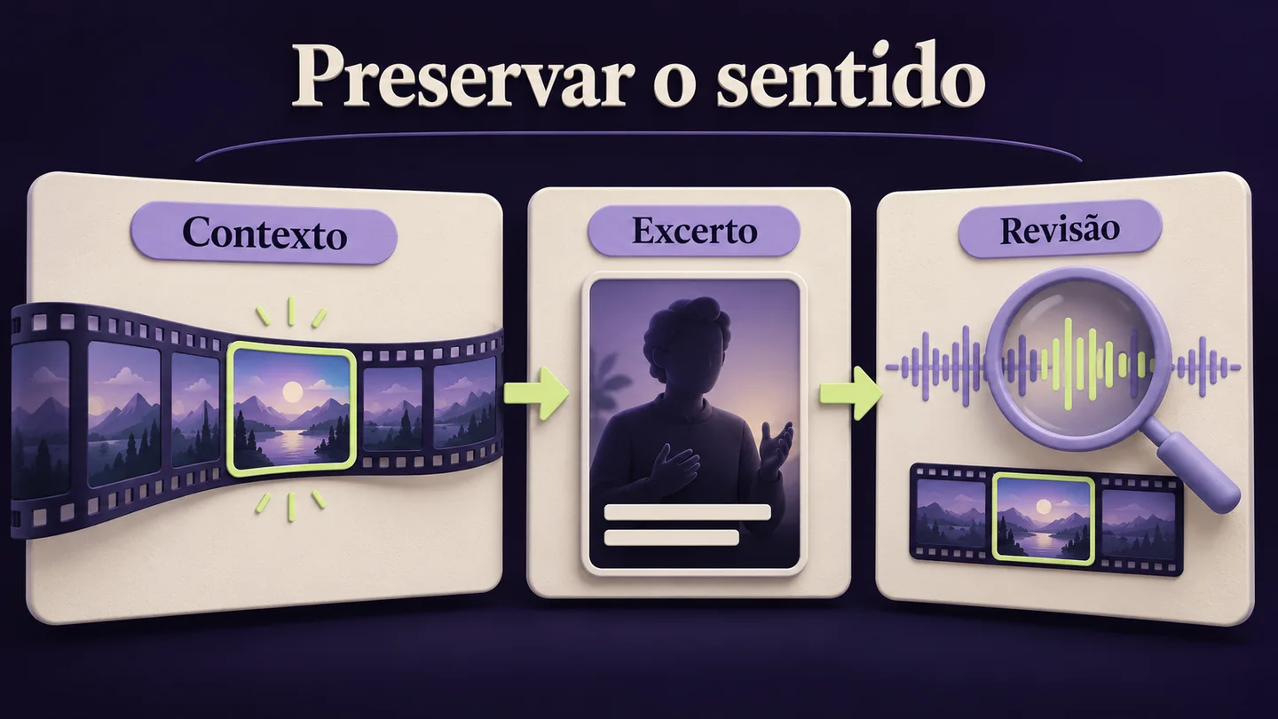 Contexto, excerto e revisão para preservar o sentido do vídeo. Ilustração gerada com IA.