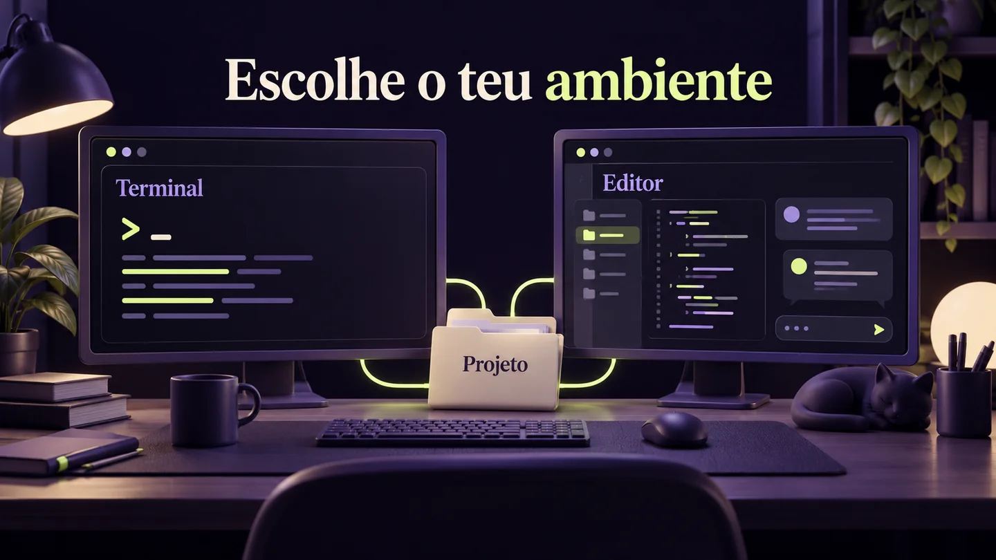 Terminal e editor ligados à mesma pasta de projeto. Ilustração conceptual gerada com IA.