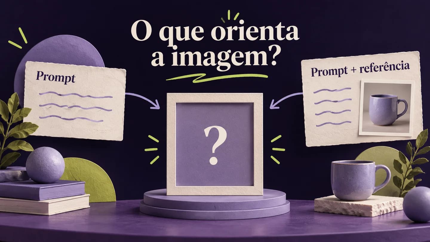 Prompt escrito e prompt acompanhado de uma referência de uma chávena. Ilustração conceptual gerada com IA.