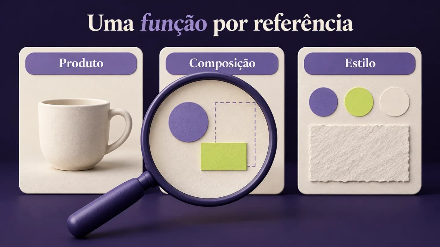 Três referências com funções distintas: produto, composição e estilo. Ilustração conceptual gerada com IA.