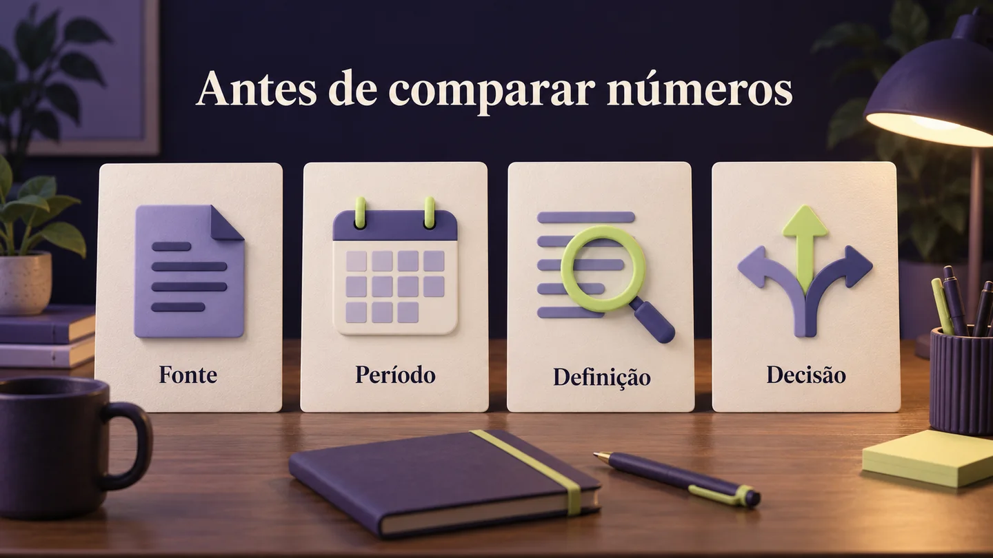 Fonte, período, definição e decisão como critérios anteriores à comparação de números. Ilustração conceptual gerada com IA.