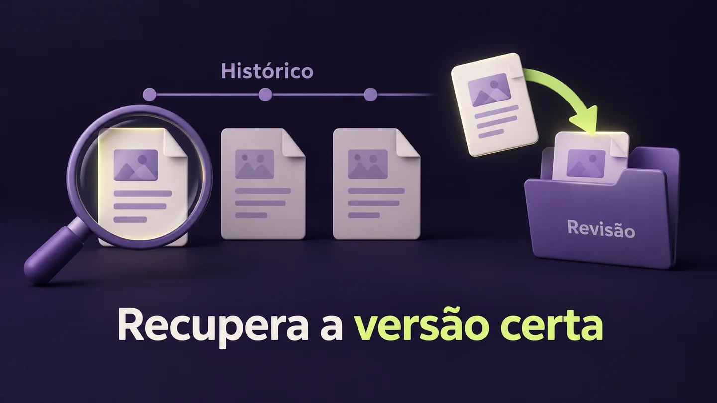 Uma versão de um documento é recuperada do histórico para revisão. Ilustração conceptual gerada com IA.
