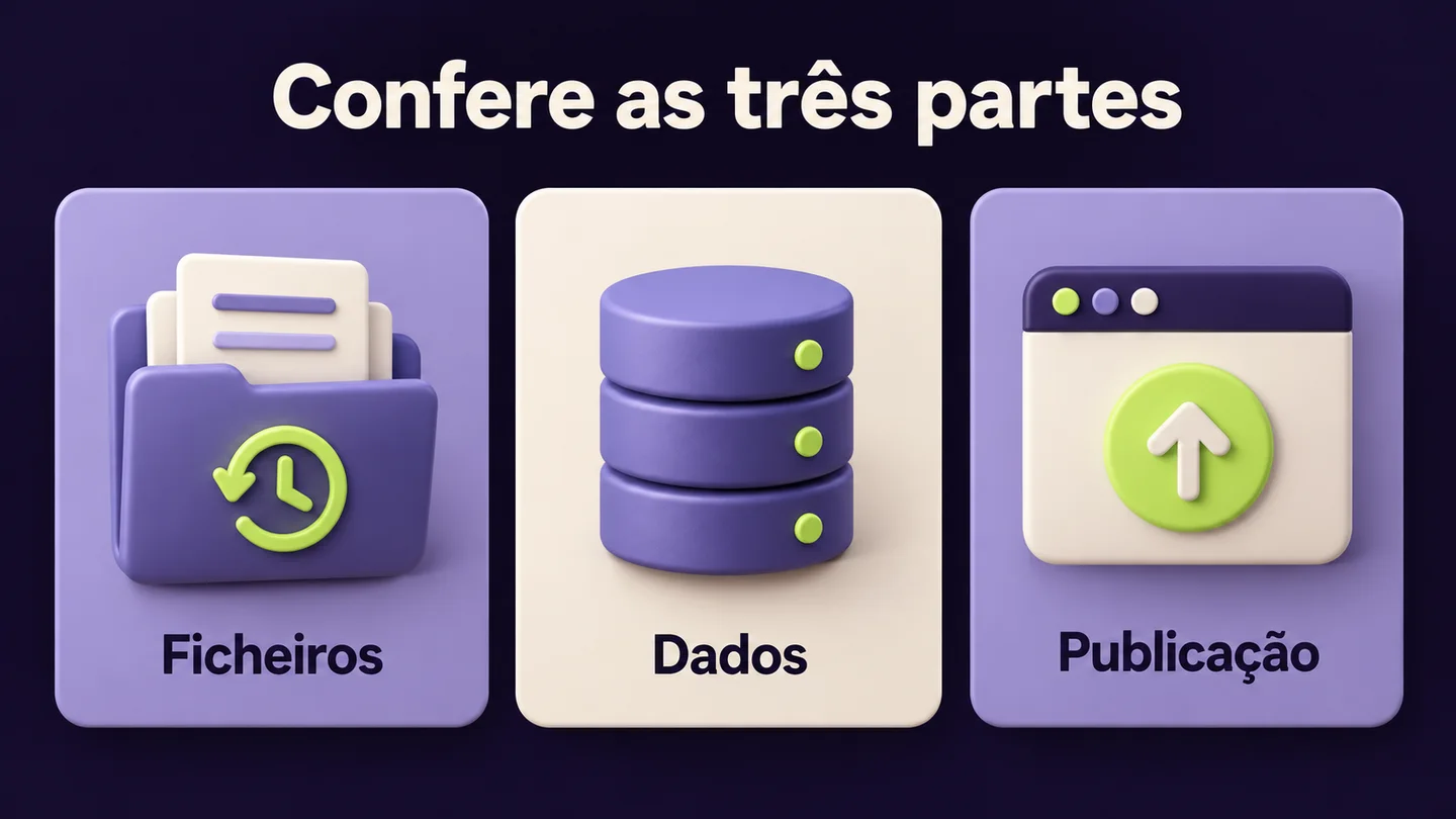 Ficheiros, dados e publicação representados como partes distintas da recuperação. Ilustração conceptual gerada com IA.