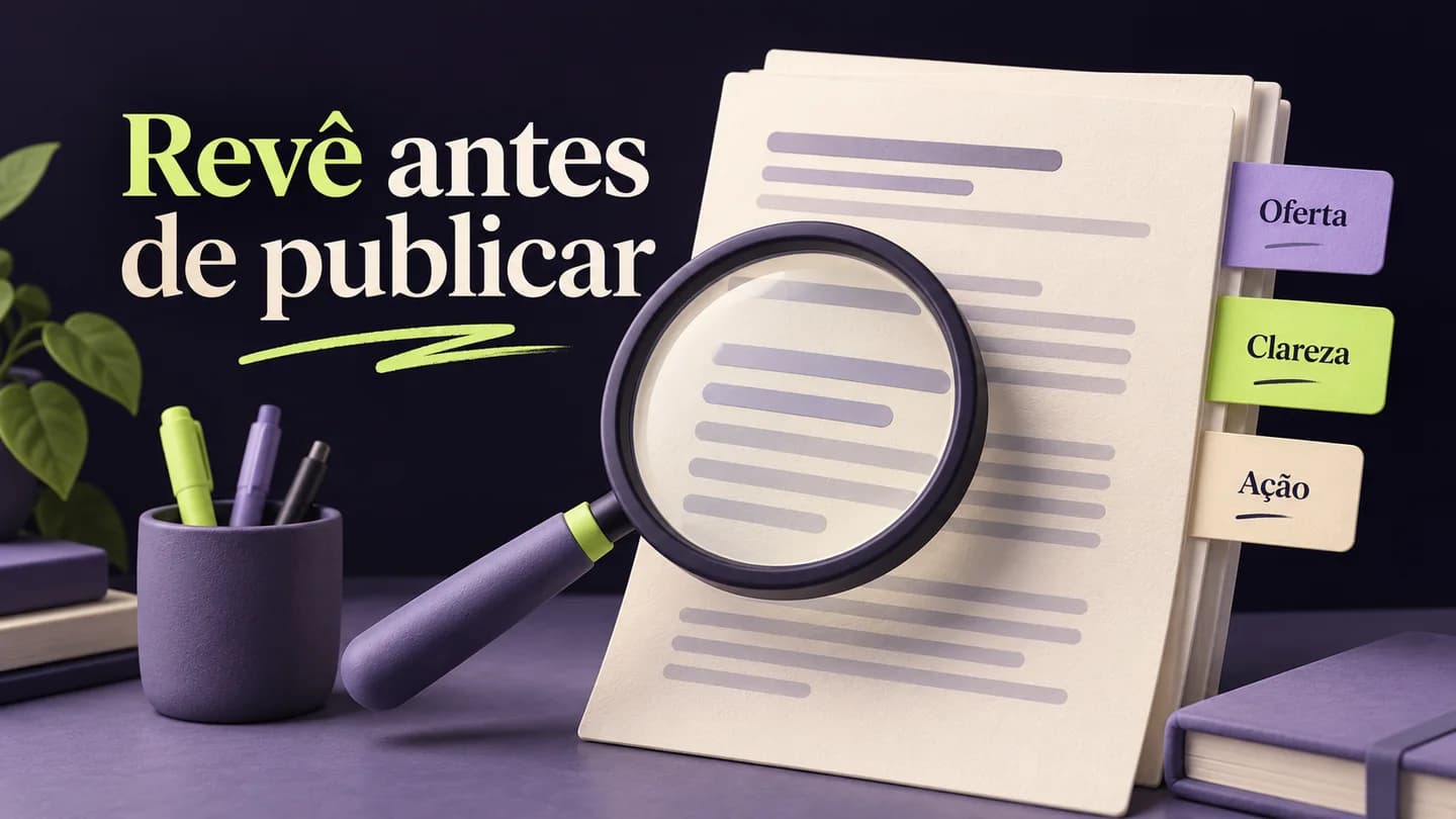 Um texto é revisto com atenção à oferta, clareza e ação. Ilustração conceptual gerada com IA.