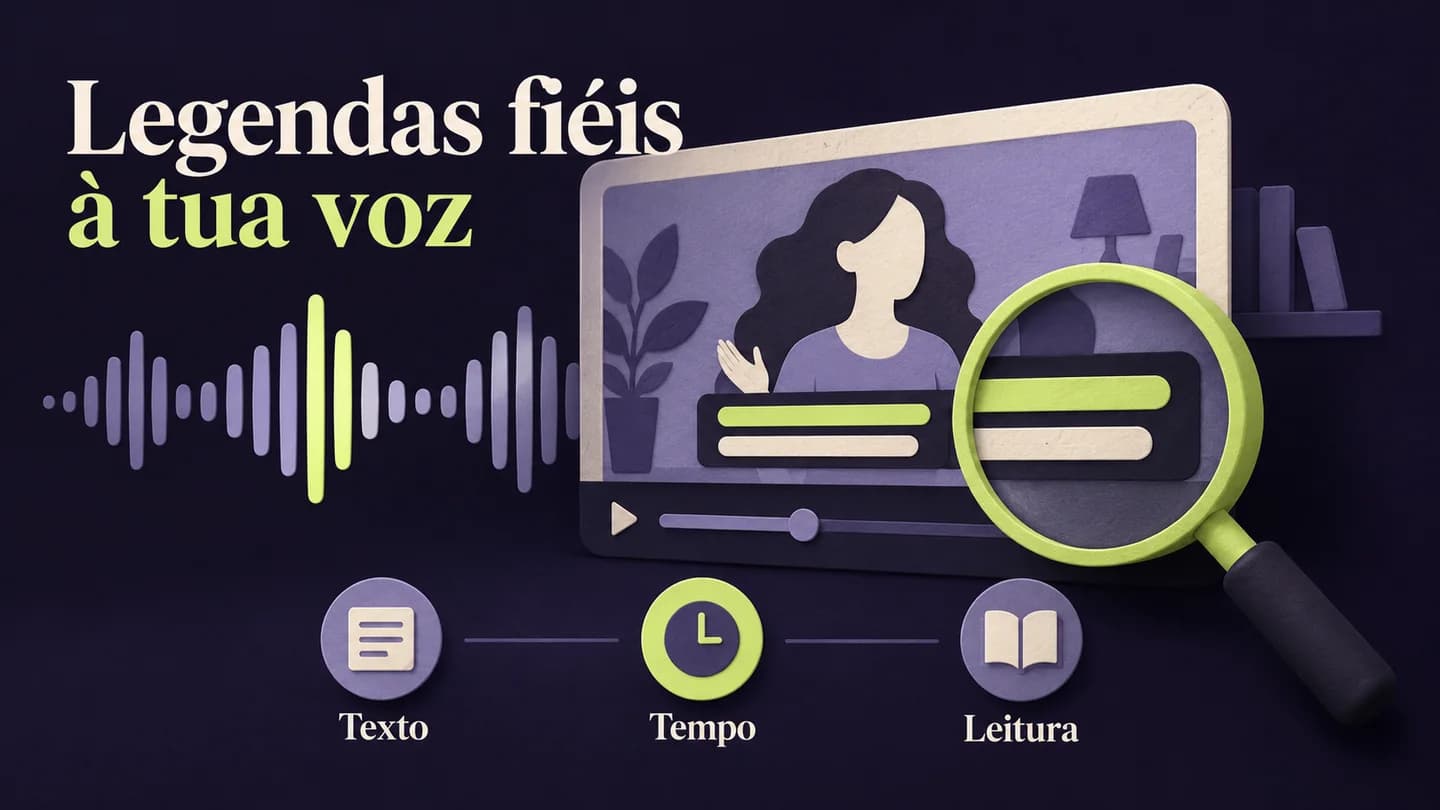 Uma faixa de legendas é revista quanto a texto, tempo e leitura. Ilustração conceptual gerada com IA.