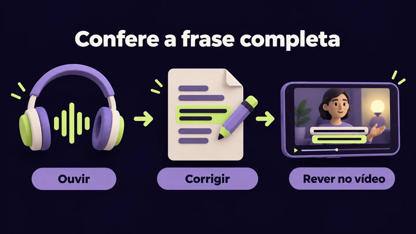 Ouvir, corrigir e rever no vídeo como etapas da revisão de legendas. Ilustração conceptual gerada com IA.