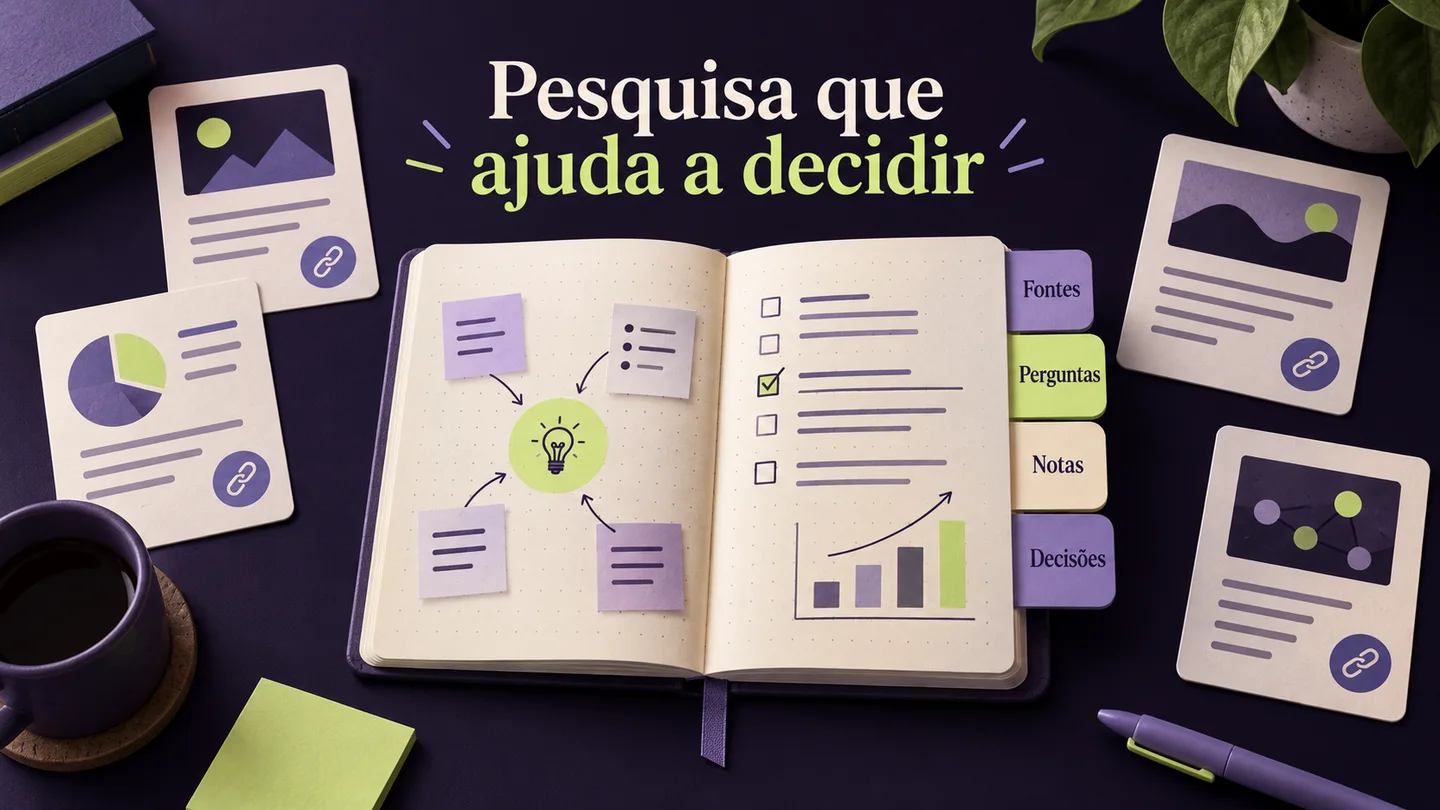 Caderno de pesquisa organizado em fontes, perguntas, notas e decisões. Ilustração conceptual gerada com IA.