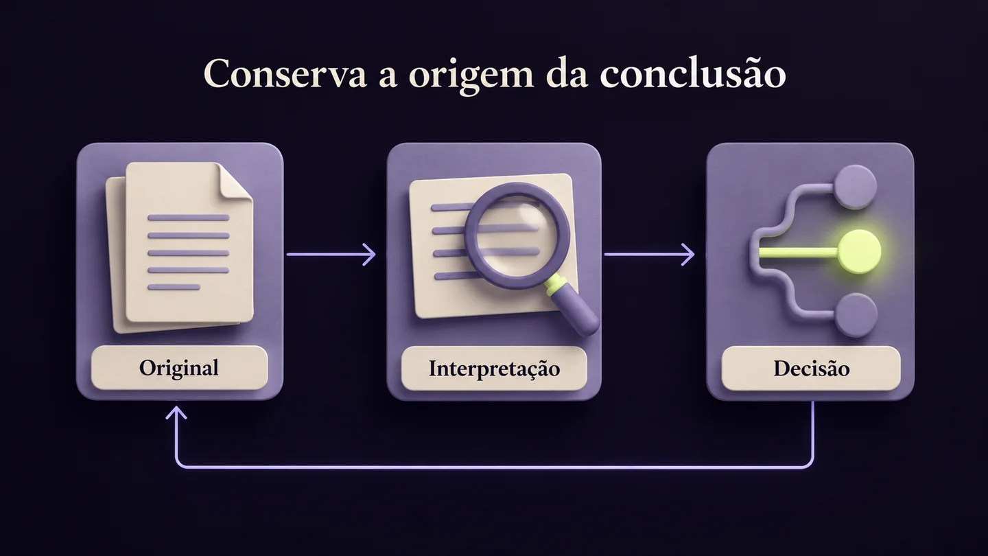 Ligação entre fonte original, interpretação e decisão, com possibilidade de voltar à origem. Ilustração conceptual gerada com IA.