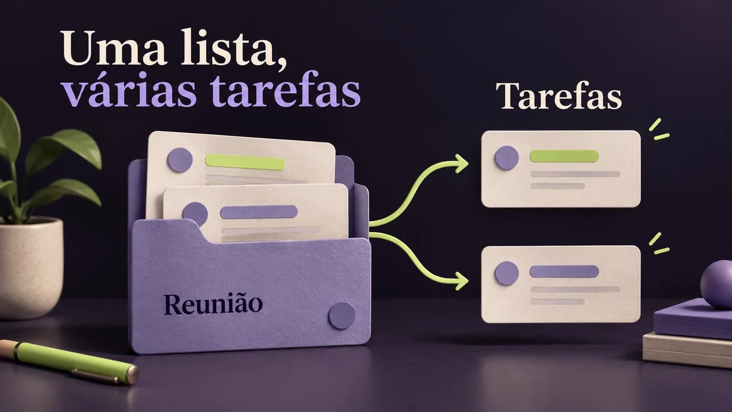 Uma lista de reunião separada em duas tarefas que conservam a referência à origem. Ilustração conceptual gerada com IA.