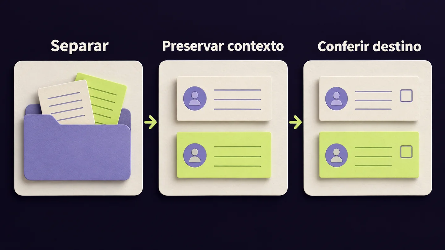 Três etapas: separar a lista, preservar o contexto de cada item e conferir os registos no destino. Ilustração conceptual gerada com IA.