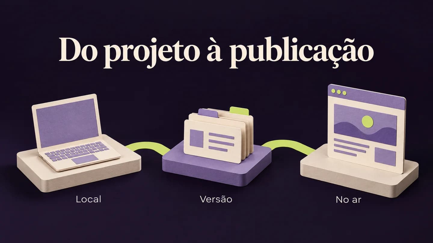 Projeto local, versão guardada e aplicação publicada ligados por um percurso. Ilustração conceptual gerada com IA.