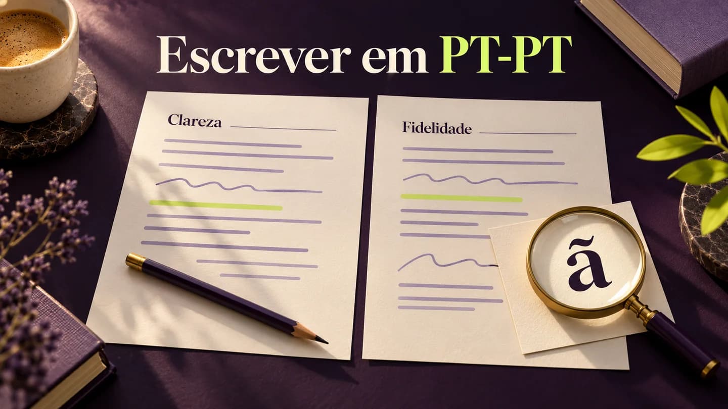 Dois textos avaliados pela clareza e fidelidade na escrita em PT-PT. Ilustração conceptual gerada com IA.