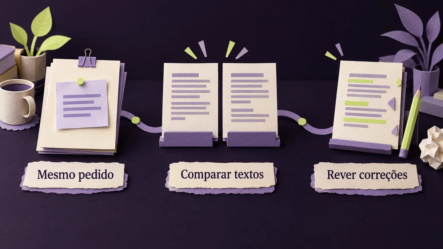 Percurso de comparação: usar o mesmo pedido, comparar os textos e rever as correções. Ilustração conceptual gerada com IA.