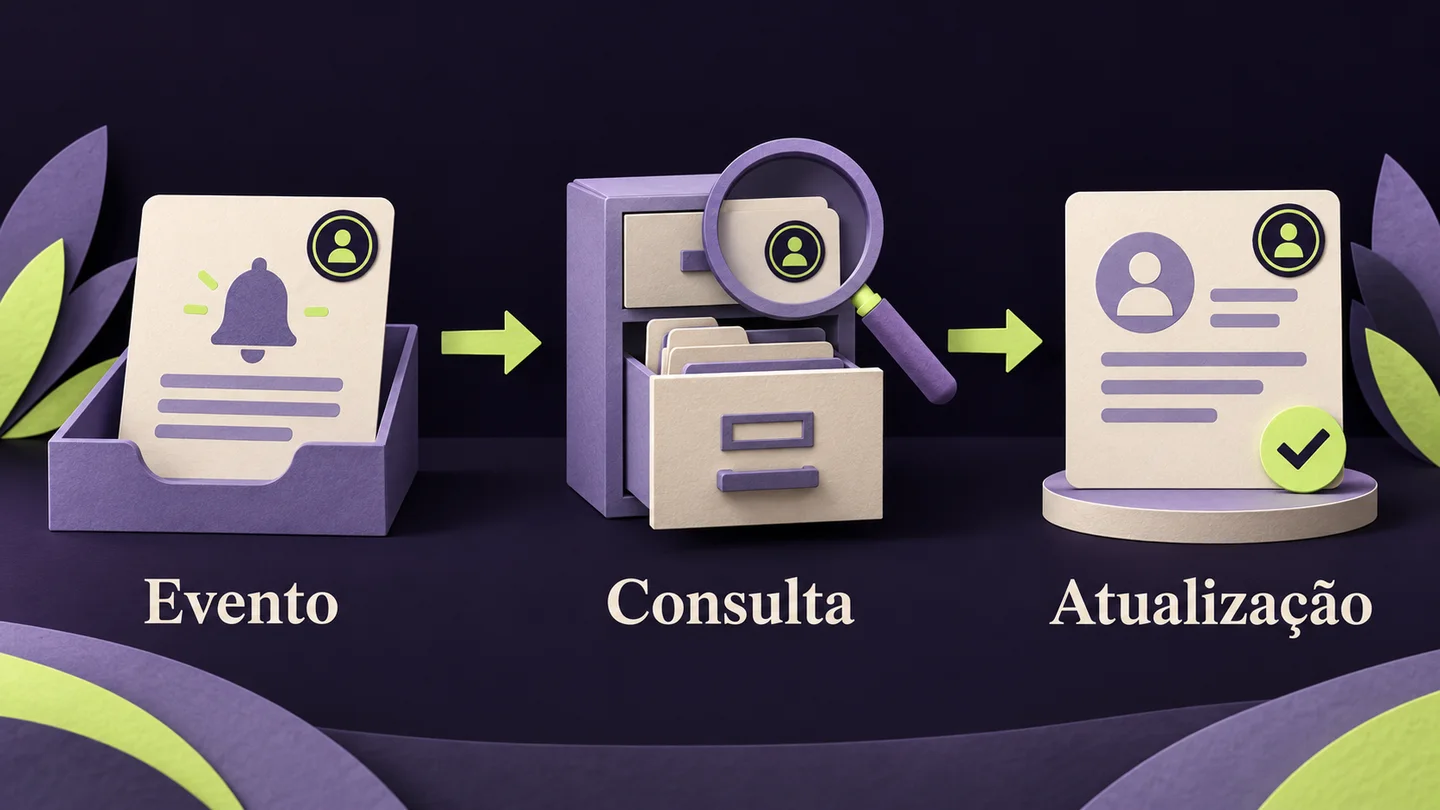 Um evento inicia uma consulta e a atualização do registo, preservando a sua identidade. Ilustração conceptual gerada com IA.