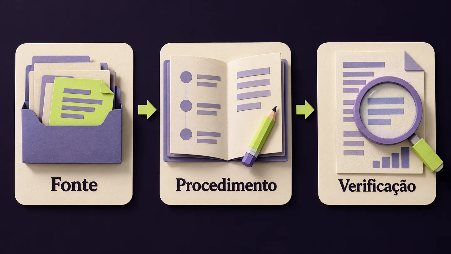 Três componentes de um trabalho verificável: fonte, procedimento e conferência da entrega. Ilustração conceptual gerada com IA.