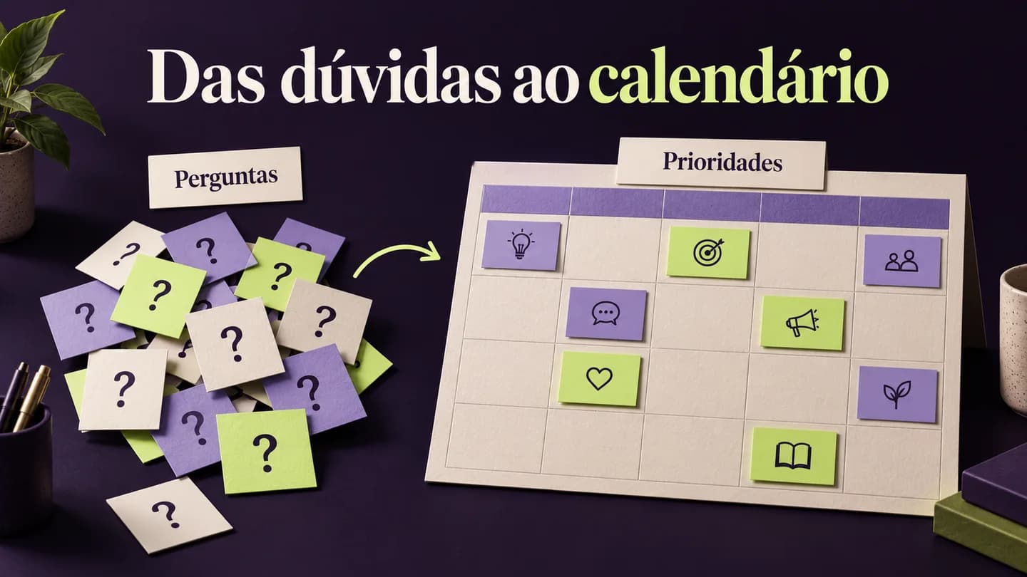 Perguntas organizadas em prioridades num calendário editorial. Ilustração conceptual gerada com IA.