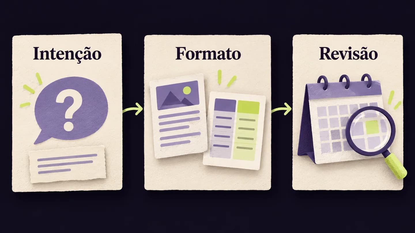Relação entre intenção da pergunta, formato do conteúdo e revisão do calendário. Ilustração conceptual gerada com IA.