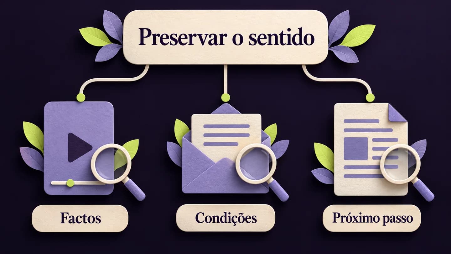 Ficha de origem ligada a formatos diferentes, com revisão de factos, condições e próximo passo. Ilustração conceptual gerada com IA.