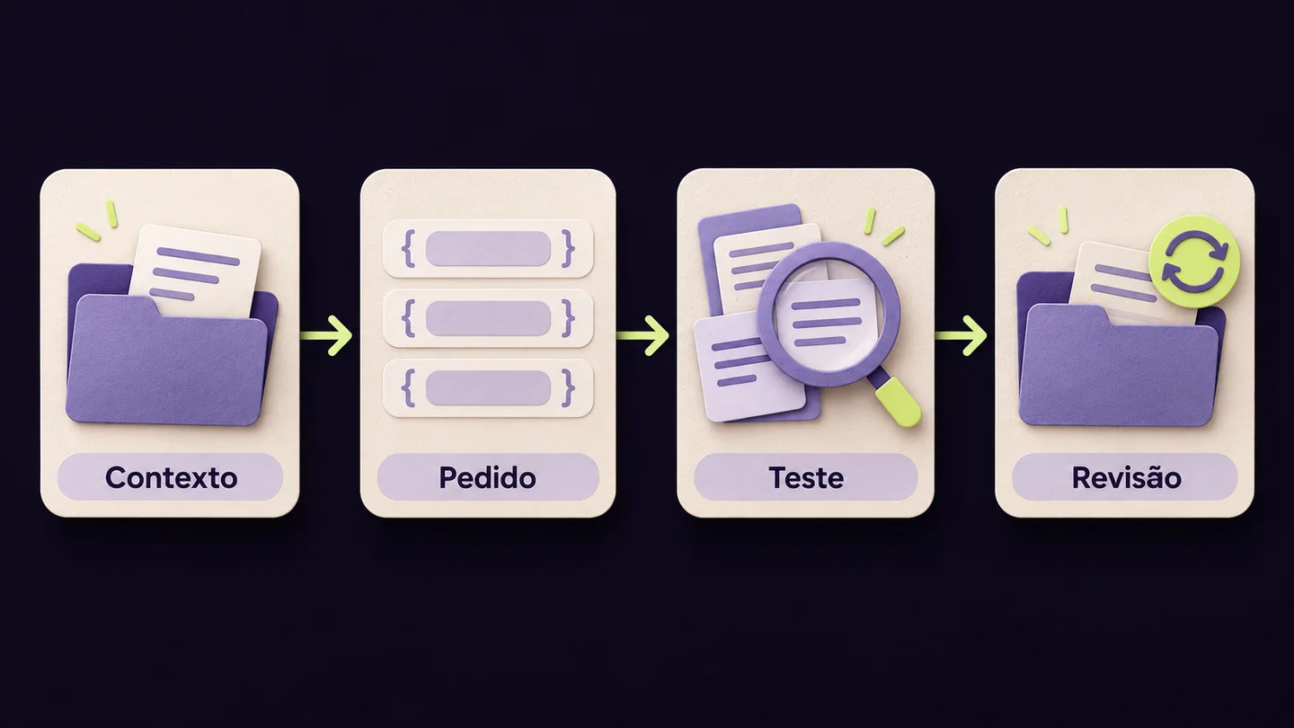 Sequência de contexto, pedido, teste e revisão numa biblioteca de prompts. Ilustração conceptual gerada com IA.