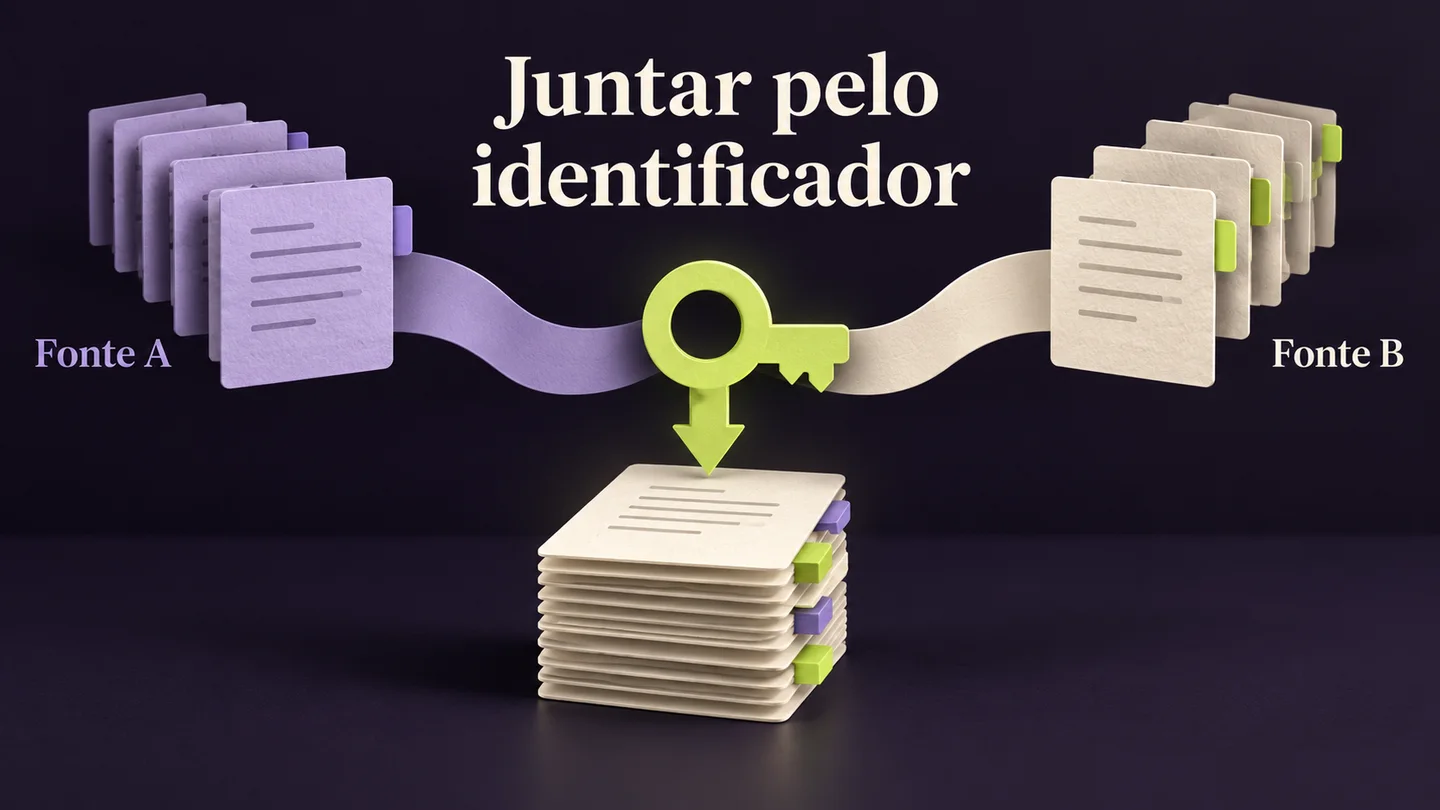 Duas fontes de documentos combinadas através de um identificador comum. Ilustração conceptual gerada com IA.