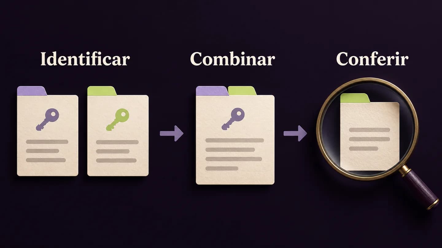 Identificação da chave, combinação de dados e conferência de registos numa junção. Ilustração conceptual gerada com IA.
