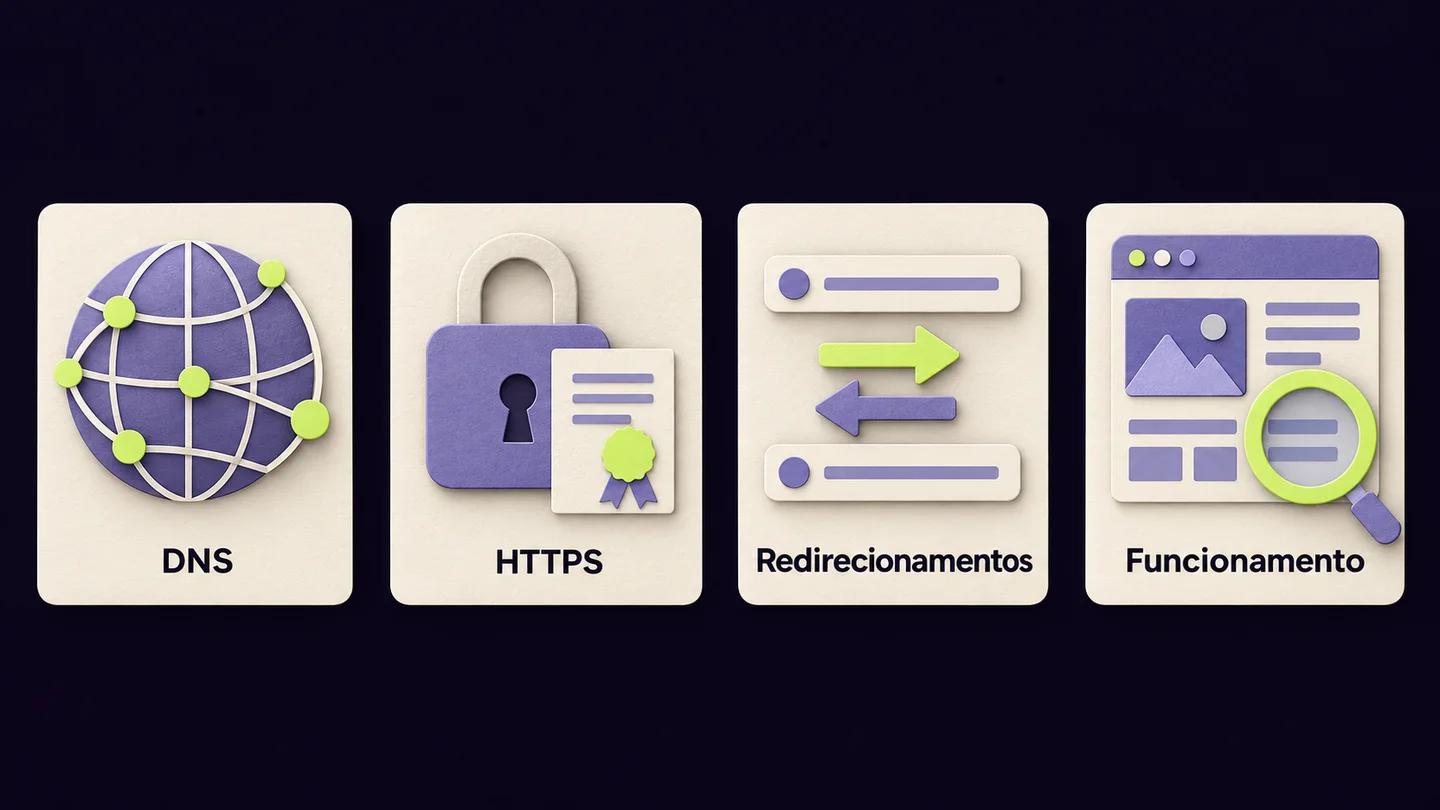 Verificação separada de DNS, HTTPS, redirecionamentos e funcionamento do site. Ilustração conceptual gerada com IA.