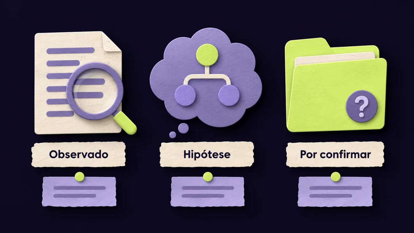 Separação entre informação observada, hipótese e pontos por confirmar numa análise. Ilustração conceptual gerada com IA.
