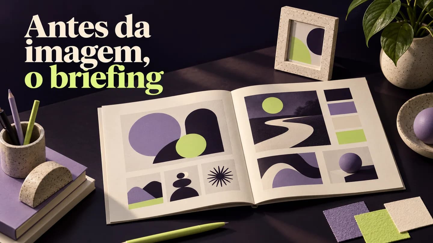 Antes da imagem, o briefing: caderno com composições, amostras de cor e uma moldura sobre uma mesa. Ilustração conceptual gerada com IA.
