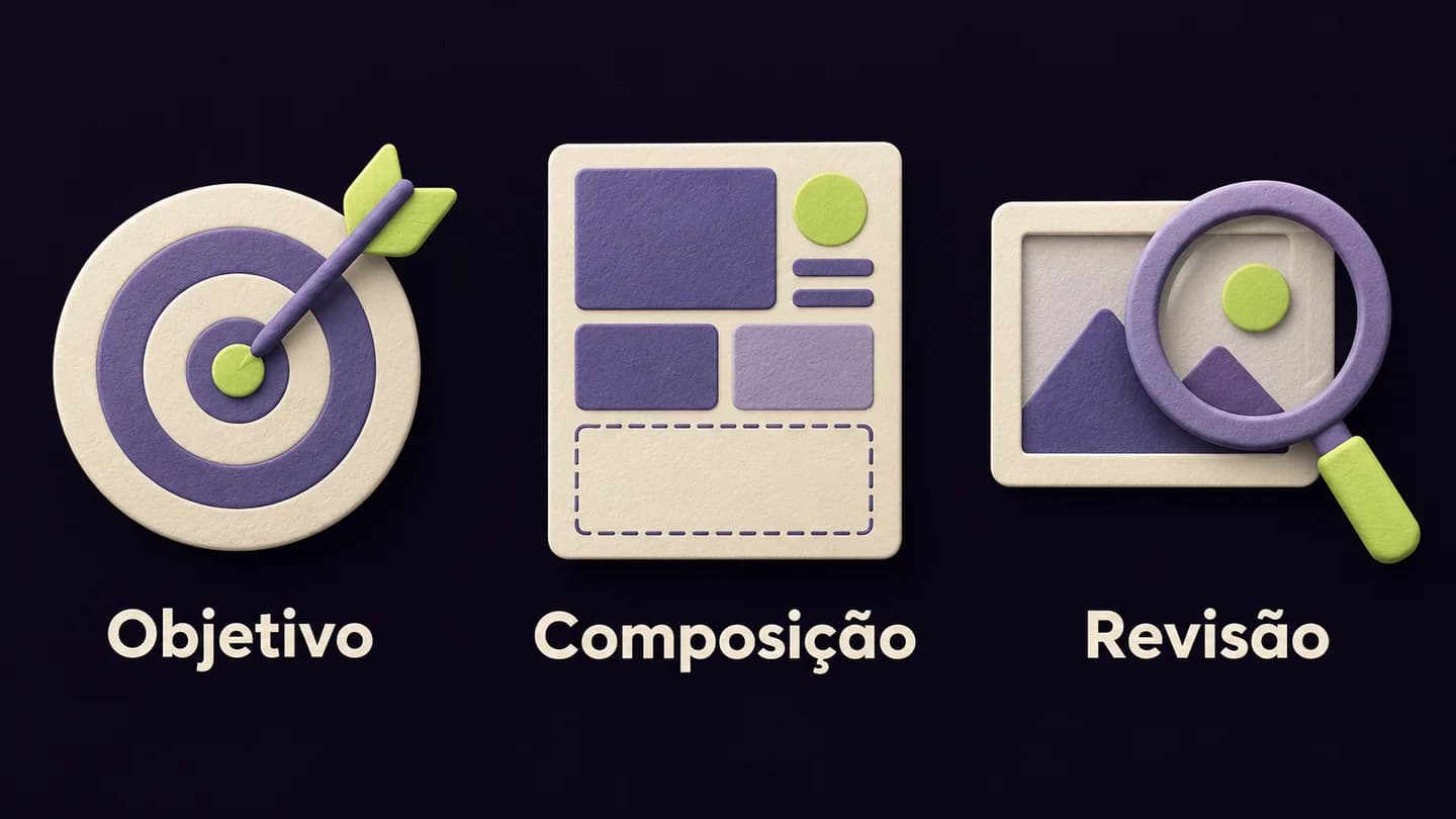 Objetivo, Composição e Revisão: três decisões do briefing representadas por um alvo, uma composição com espaço reservado e uma lupa. Ilustração conceptual gerada com IA.