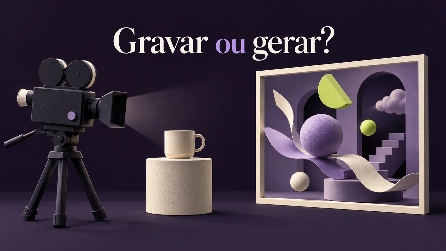 Gravar ou gerar? Uma câmara aponta para uma caneca e uma moldura apresenta formas imaginadas. Ilustração conceptual gerada com IA.