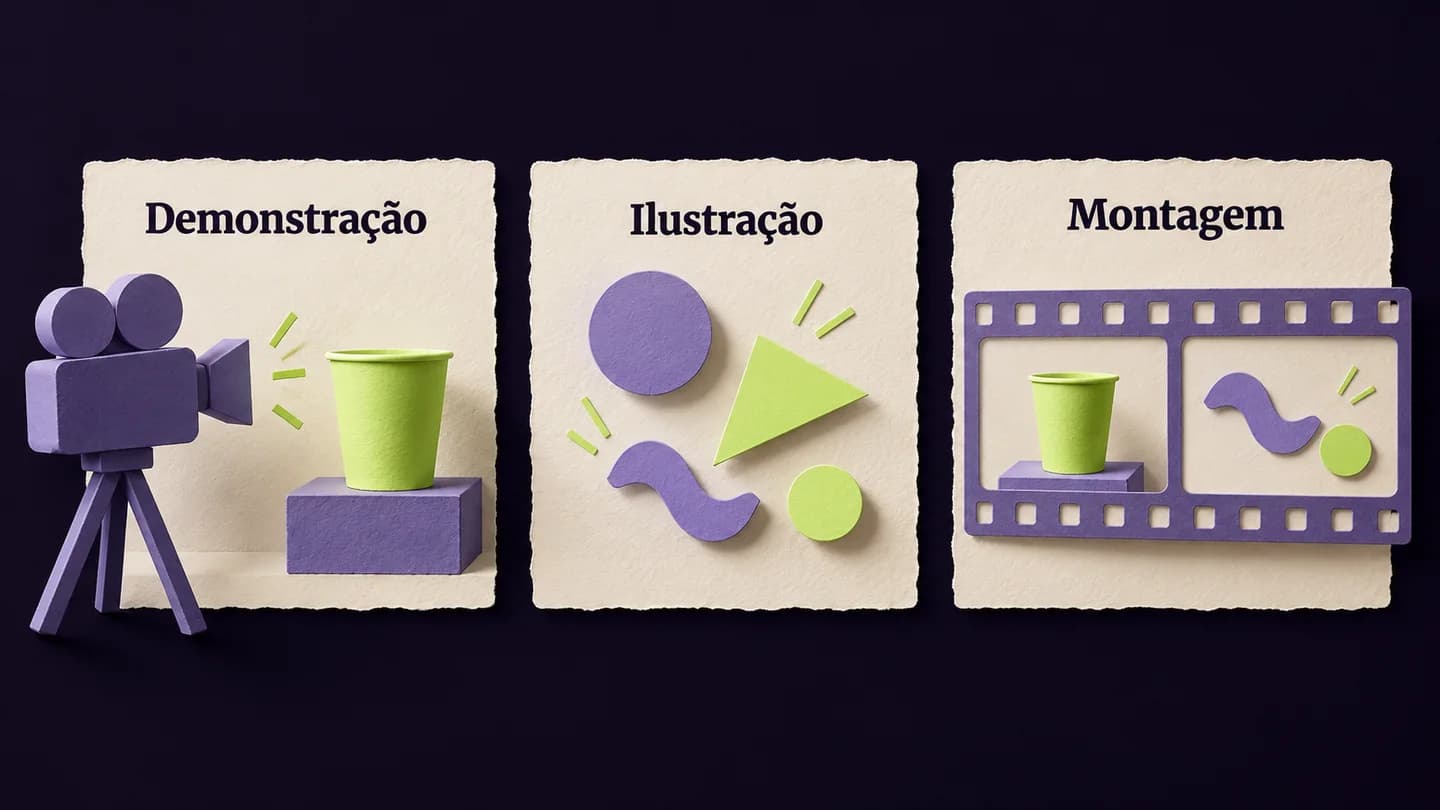 Demonstração, Ilustração e Montagem: uma câmara mostra um objeto, formas abstratas explicam um conceito e uma sequência combina os dois. Ilustração conceptual gerada com IA.