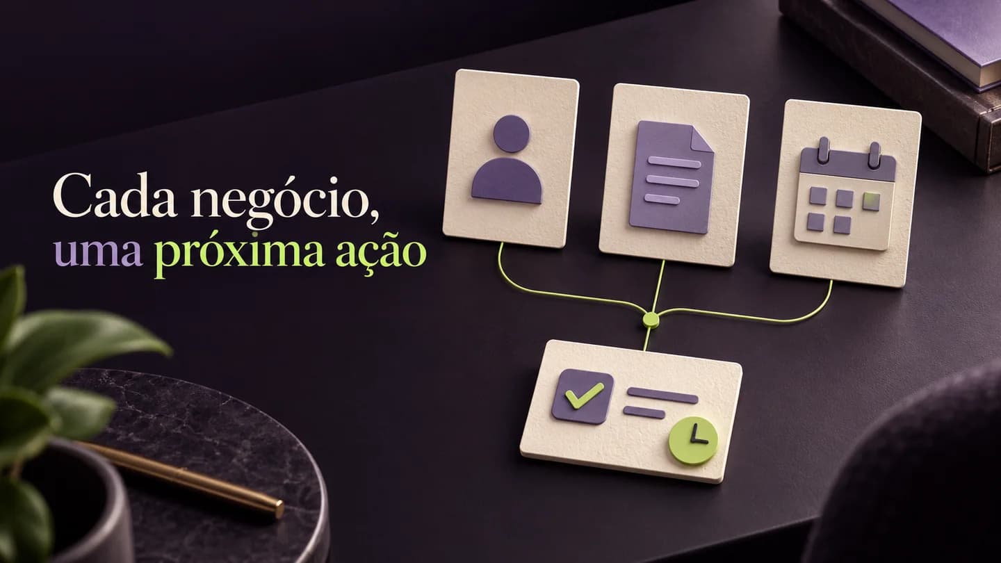 Cada negócio, uma próxima ação: cartões de contacto, proposta e calendário ligados a uma tarefa. Ilustração conceptual gerada com IA.
