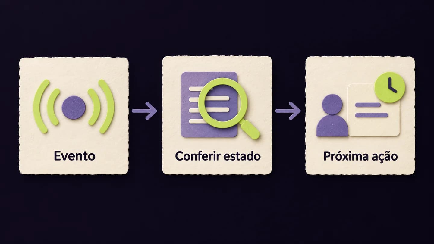 Evento, Conferir estado e Próxima ação: sequência conceptual para rever uma oportunidade antes de criar uma tarefa. Ilustração gerada com IA.
