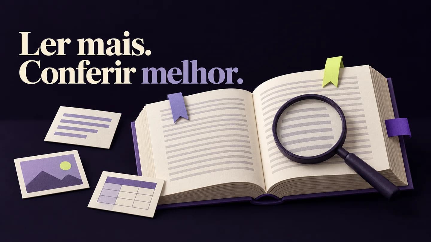 Ler mais. Conferir melhor. Um documento longo com marcadores e lupa, junto de cartões de texto, tabela e imagem. Ilustração gerada com IA.
