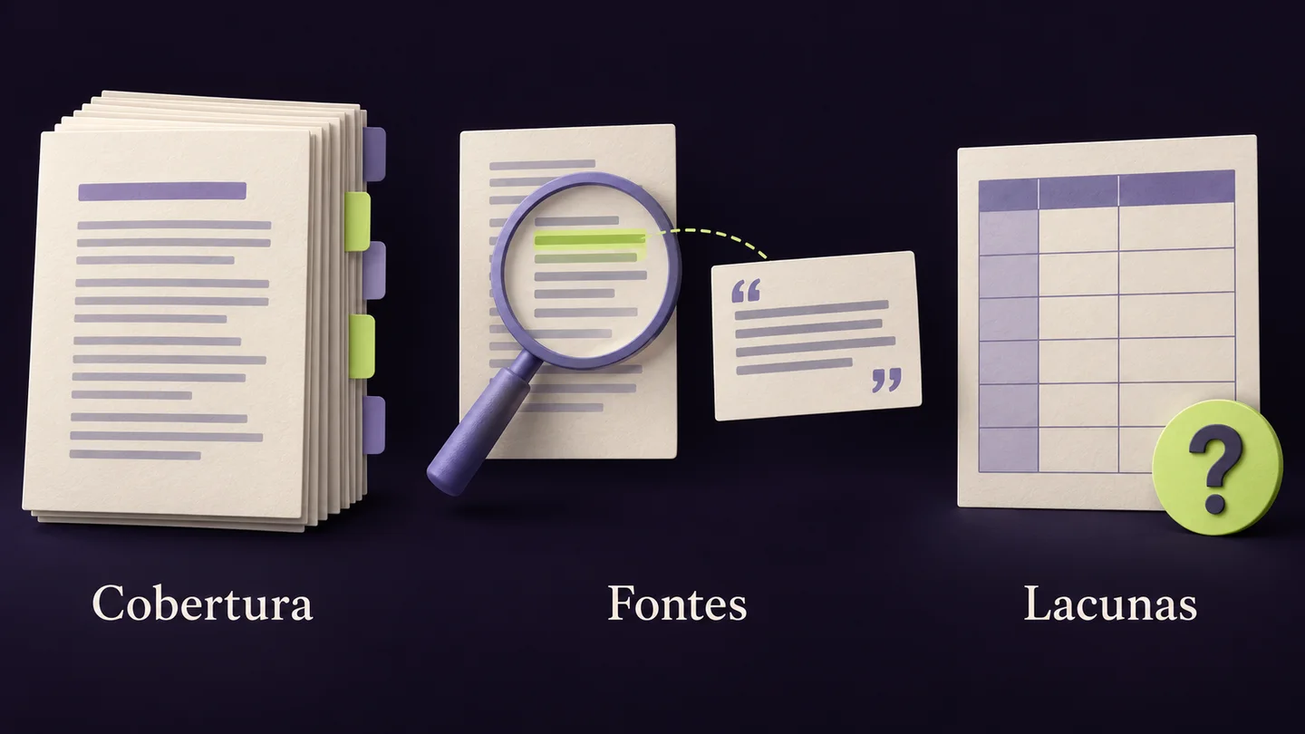 Cobertura, Fontes e Lacunas: páginas organizadas, uma passagem ligada à sua citação e uma tabela com informação por confirmar. Ilustração conceptual gerada com IA.