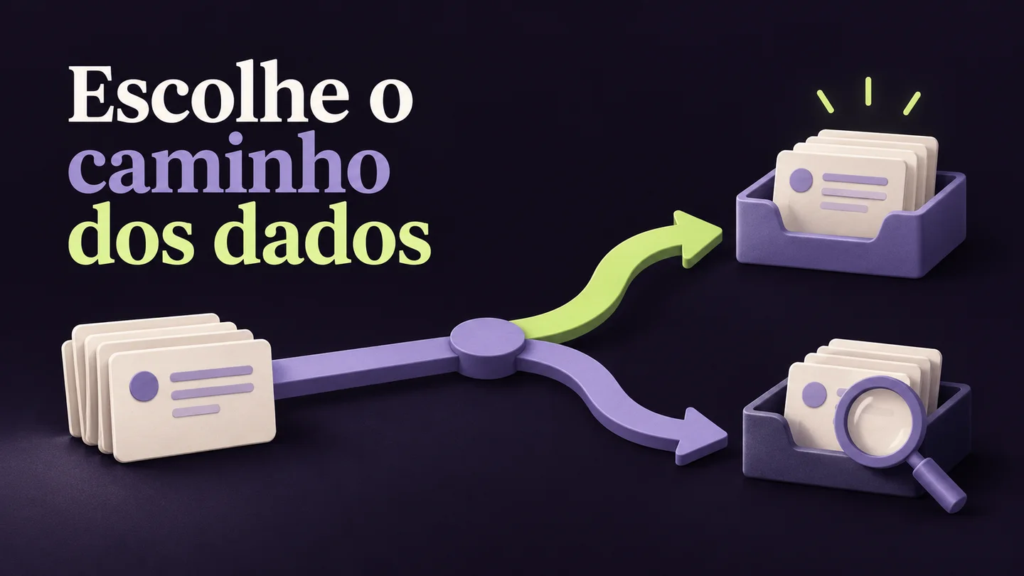 Escolhe o caminho dos dados: cartões de tarefas seguem para um conjunto selecionado ou para revisão. Ilustração conceptual gerada com IA.