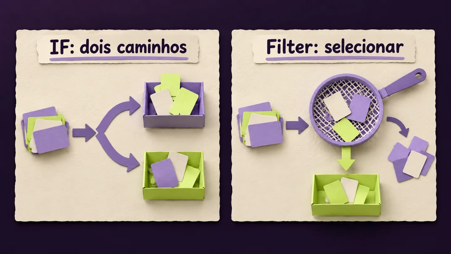 IF: dois caminhos; Filter: selecionar. Diagrama conceptual de encaminhamento para dois percursos e seleção dos itens que continuam. Ilustração gerada com IA.