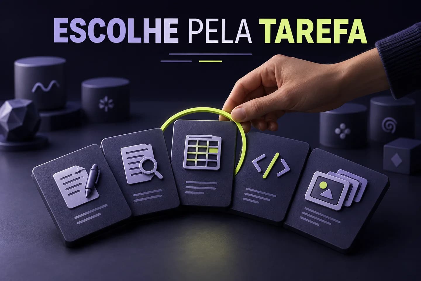 Ilustração gerada por IA: escolha de um modelo a partir de tarefas de escrita, pesquisa, dados e código.