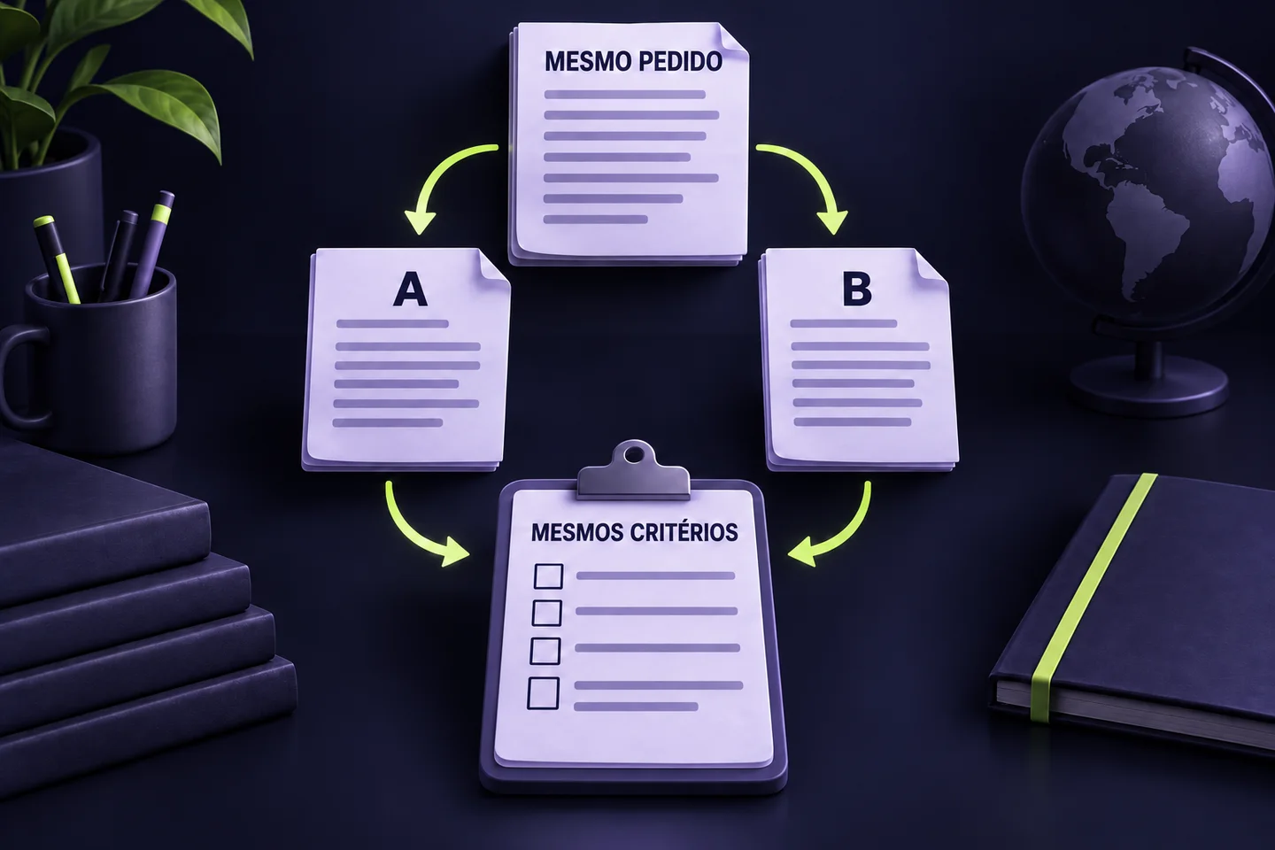 Ilustração gerada por IA: o mesmo pedido é entregue a dois candidatos e as respostas são revistas com critérios comuns.