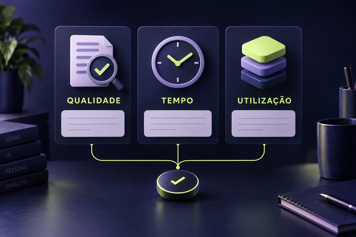 Ilustração gerada por IA: qualidade, tempo e utilização são observados separadamente numa escolha de modelo.