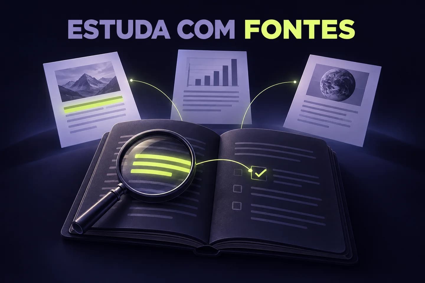 Ilustração gerada por IA: caderno de estudo ligado a documentos e passagens verificadas com uma lupa.