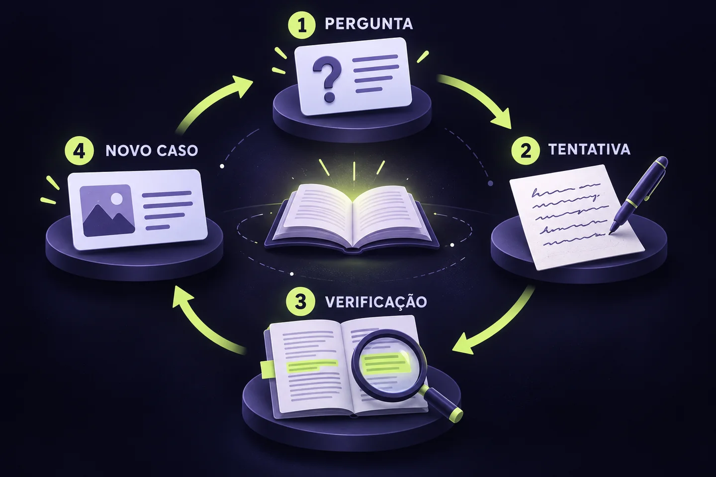Ilustração gerada por IA: percurso de estudo entre pergunta, tentativa de resposta, verificação na fonte e nova aplicação.