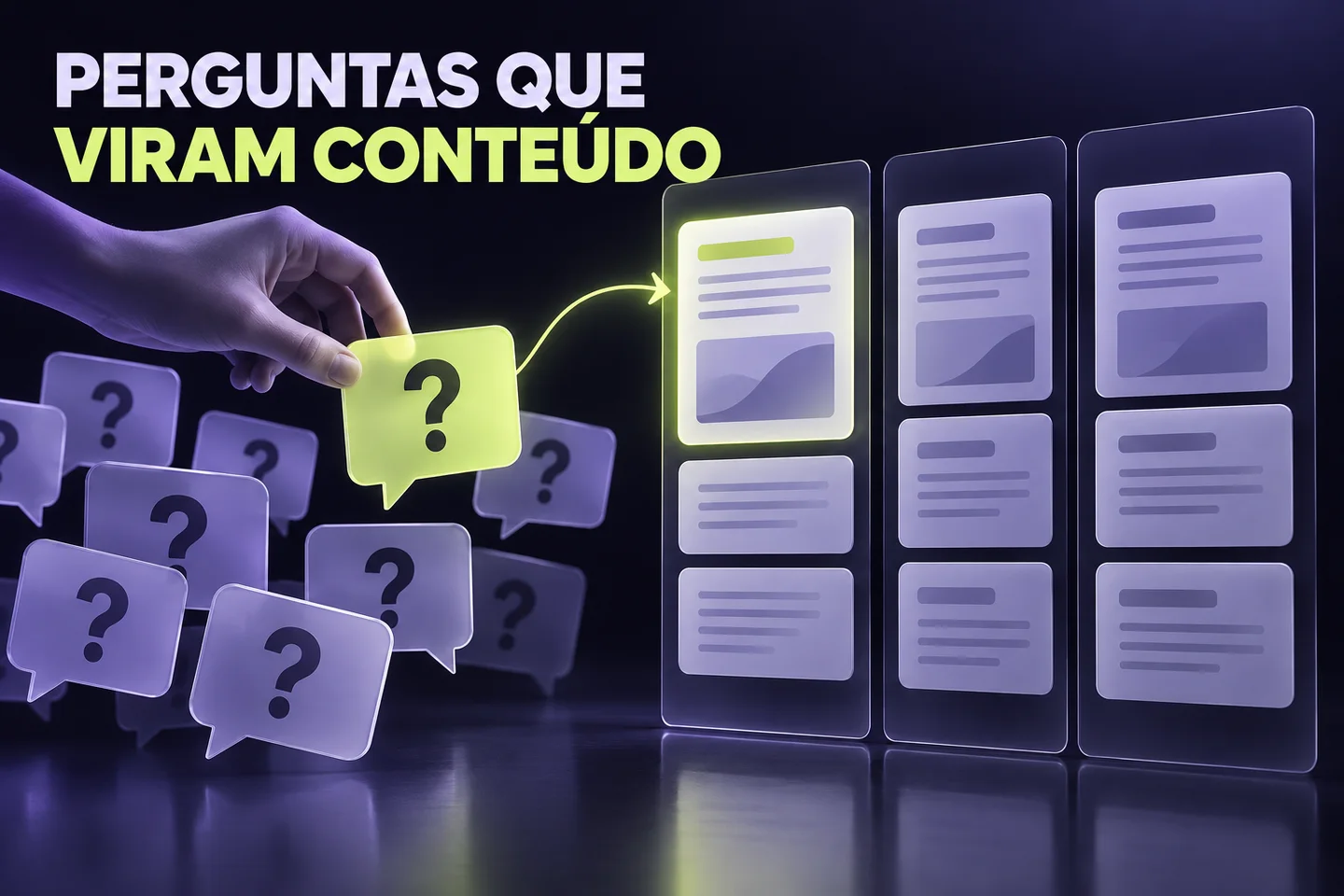 Ilustração gerada por IA: perguntas dos clientes são selecionadas e organizadas num plano de conteúdos.