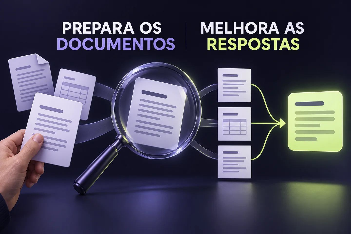 Ilustração gerada por IA: documentos são inspecionados e organizados antes de sustentar uma resposta.