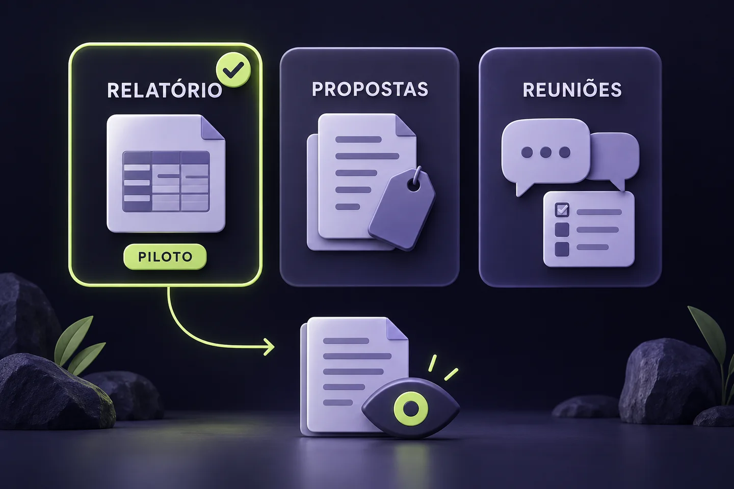 Ilustração gerada por IA: três processos candidatos são comparados e um relatório interno é escolhido para o piloto.