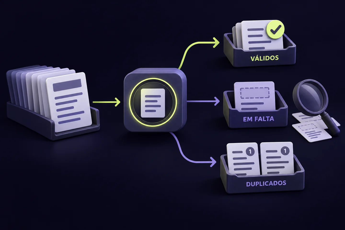Ilustração gerada por IA: um fluxo de teste separa dados válidos, informação em falta e duplicados antes da revisão.