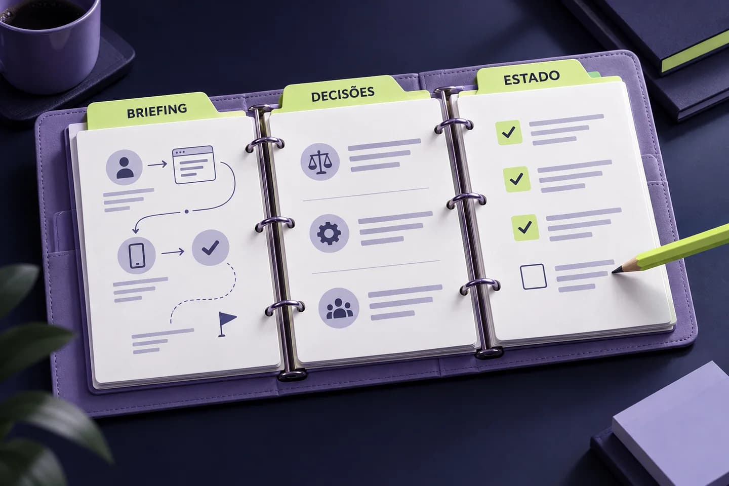 Ilustração gerada por IA: briefing, decisões do projeto e estado atual organizados em documentos separados.