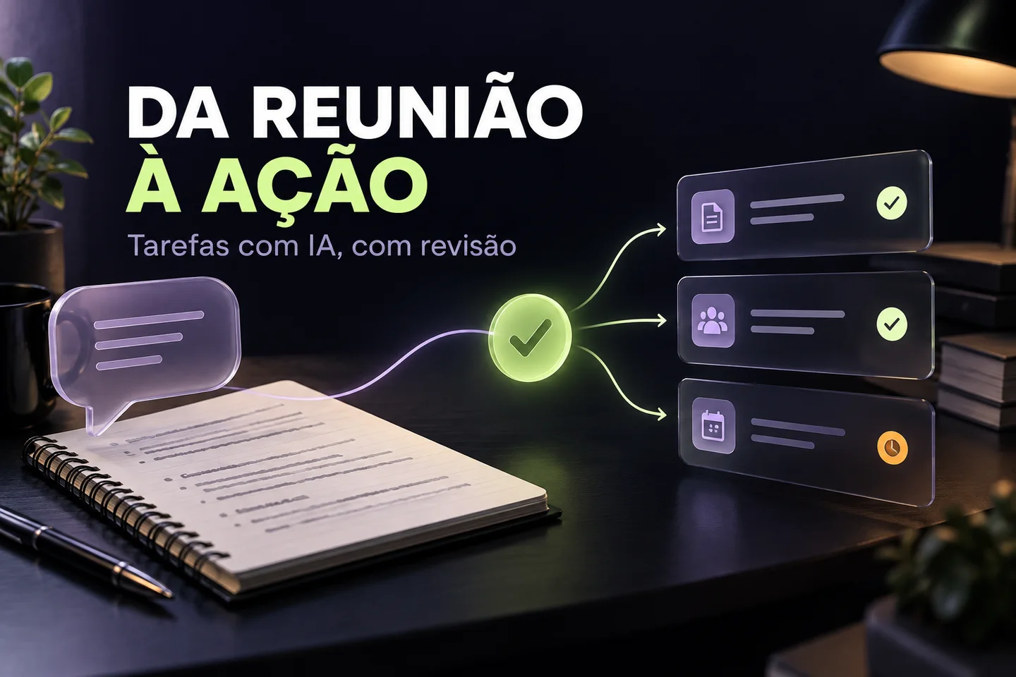 Da reunião à ação: notas organizadas em tarefas com revisão humana, numa ilustração em lilás e lima.